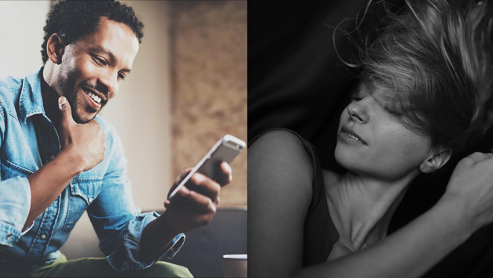 lovense ferri - long distance play - black man in jeans shirt using his phone to control the ferri of a blond women far away